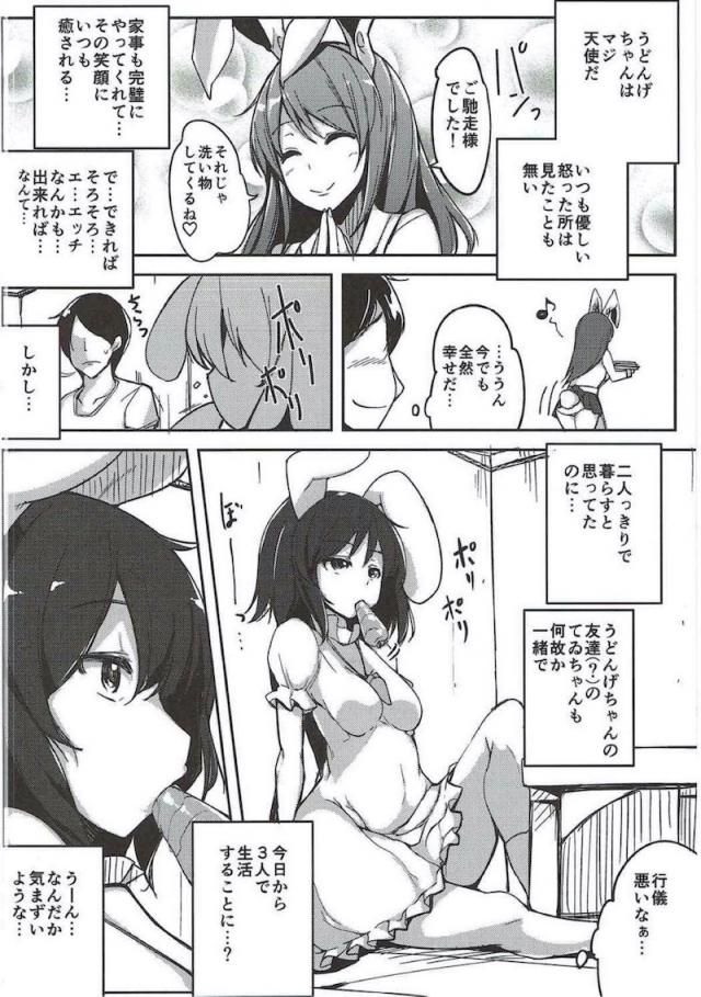 れーせんが朝から用事があるとかででかけてしまい暇を持て余していたてゐちゃんがムラムラしてきてオナニーをはじめる。にんじんを挿入しながらオナニーをしていたてゐちゃんがそのまま寝落ちしてしまい、彼氏ができたと言って家につれてきたれーせんにここで一緒に住んじゃえばと提案して、わざとパンチラを見せたり挑発していたてゐちゃんがつ