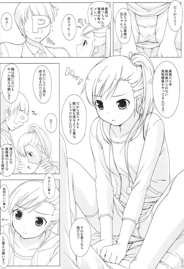 真美が亜美になにか吹き込まれたらしくわけのわからないことを言いながら仲間はずれにしないでと迫ってきた！暴走した真美がちんこで遊び始め、そんなに大人になりたいならばとプロデューサーが他の子達には内緒だよと処女を奪うｗ