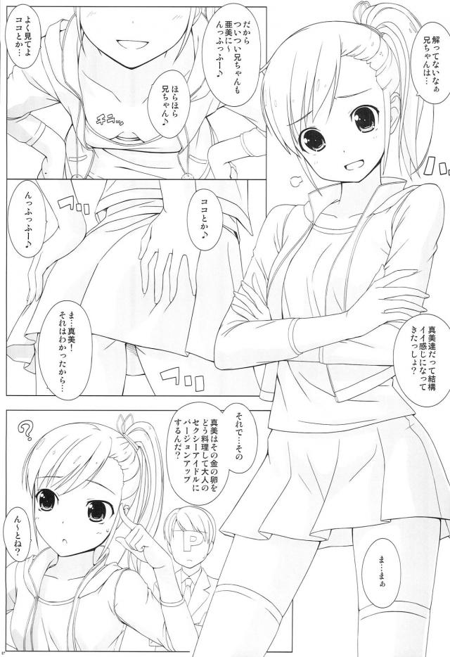 真美が亜美になにか吹き込まれたらしくわけのわからないことを言いながら仲間はずれにしないでと迫ってきた！暴走した真美がちんこで遊び始め、そんなに大人になりたいならばとプロデューサーが他の子達には内緒だよと処女を奪うｗ