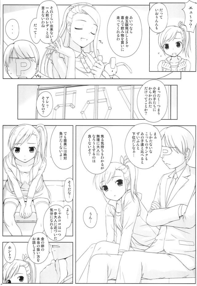 真美が亜美になにか吹き込まれたらしくわけのわからないことを言いながら仲間はずれにしないでと迫ってきた！暴走した真美がちんこで遊び始め、そんなに大人になりたいならばとプロデューサーが他の子達には内緒だよと処女を奪うｗ