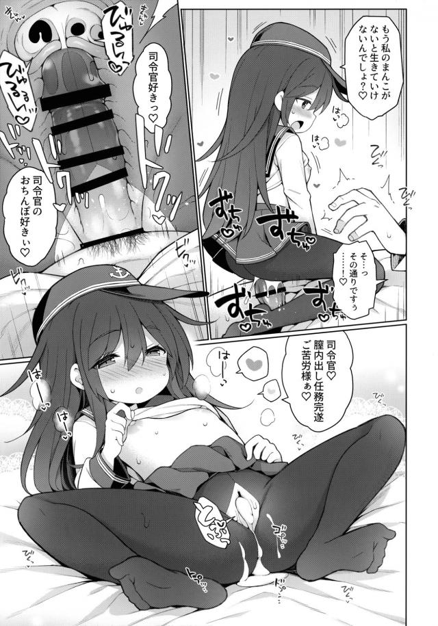 今回も旗艦として演習で大成功を収めた暁が鼻高々で、みんなにもっと頼れるお姉ちゃんになるからねと胸を張っているがくまさんパンツの上にまだ体つきはおこちゃまｗだがそれがよくて興奮した提督が調子づいている暁をメンテナンスと称して押し倒して処女を奪いわからせるｗ