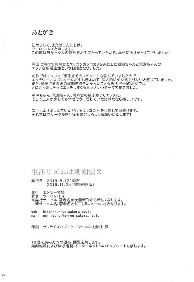 朝潮と荒潮が提督と結婚してすぐに子供を作るつもりだったが演習やらなんやらで忙しくてそんな暇はなく、そのおかげで我慢していたせいでたまに時間が空いた日になるといつもよりも激しく子作りセックスに励んでいるｗ