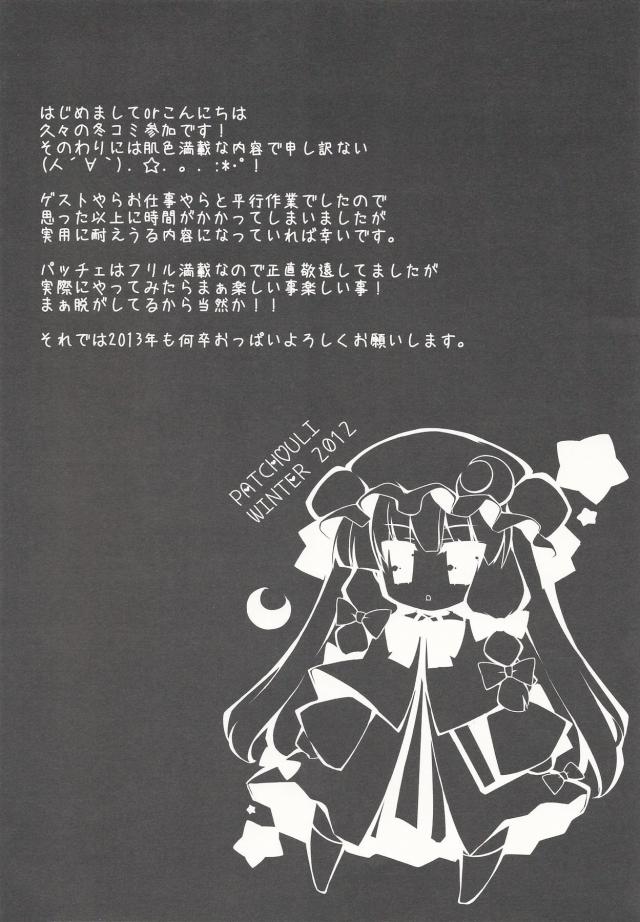 夜通しで本を読んでいたみたいで無防備に爆睡しているパチュリーを見つけた男がむっちり爆乳おっぱいに顔を埋めるｗさらにいたずらをしてパイズリをはじめた男が顔射するがまったく起きる気配がなく、パチュリーの処女マンコに中だしする男ｗ