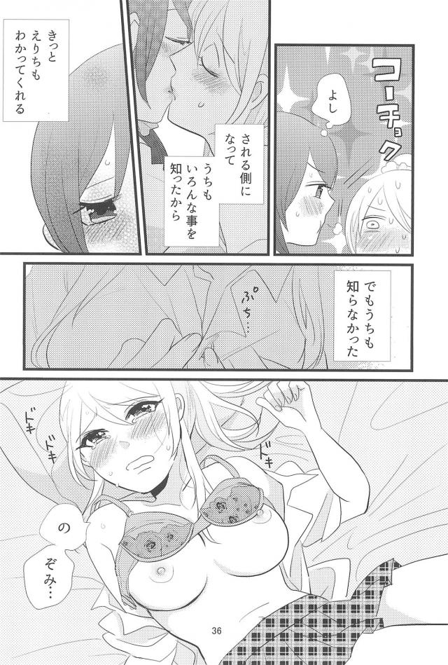 希に好きと言われてから数ヶ月たち頭の中が希のことでいっぱいなえりちが最近もやもやしていて、希にいやらしいキスをしたいという思いが爆発してついに無防備な希にいきなりキスをしてしまう！もっとキスしたくてもっとエッチなこともしたいと思い切って告白するとおうちに帰ってからなと言われ、ずっと焦らされてたのはうちのほうやという希と