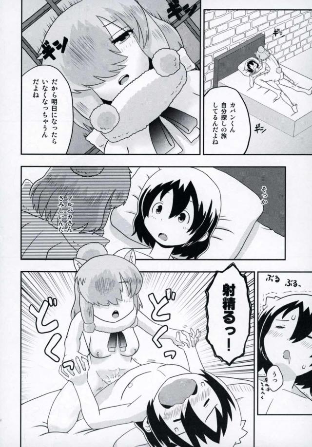 ジャパリパークの山の上のカフェで急にもよおしてきてトイレに入ったかばんちゃんが、なぜかちんぽがビンビンにフルボッキしていてびっくりしていると、アルパカがトイレに入ってきた！わたしが楽にしてあげるよと手コキからフェラをしてきて、はじめてのことに戸惑いながらも気持ちよくて精通し、寝室に連れ込まれたかばんちゃんが童貞を奪われ