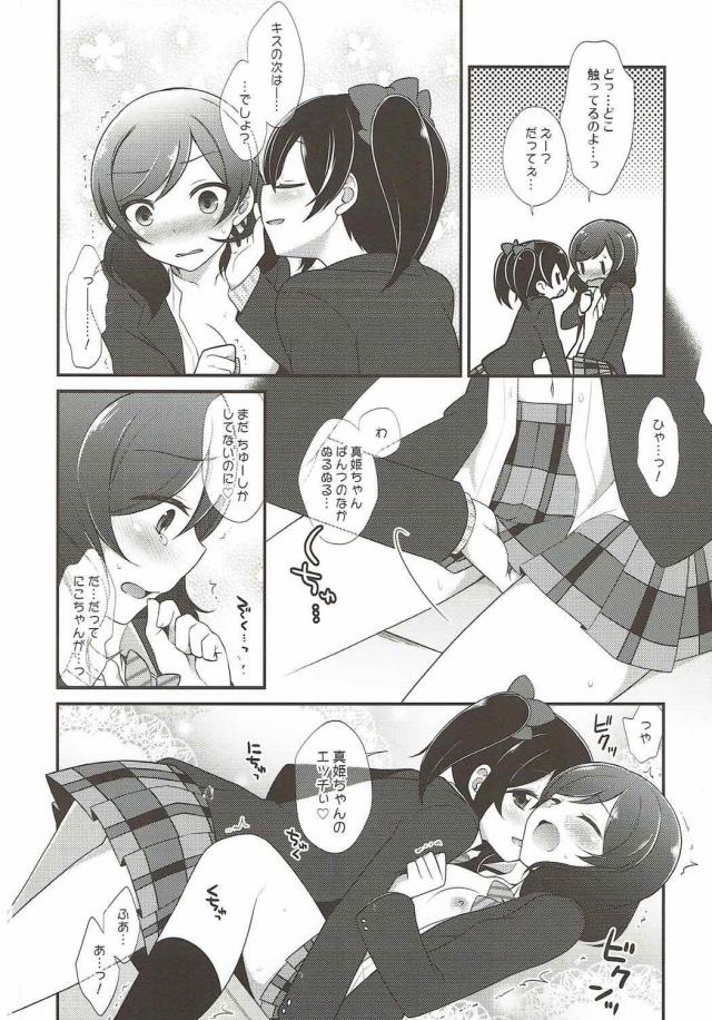 今日はみんな用事で誰もいない部室に入った真姫ちゃんが机に雑誌が置いてあり、女の子同士のエッチの特集記事があって思わず読んでしまう。妄想していたらいつのまにかにこちゃんが部室にいて見られていて、エッチなことに興味あるの？といたずらっぽく迫ってくるにこちゃんにしよっか？とキスをされ、小悪魔なにこちゃんにイカされる///