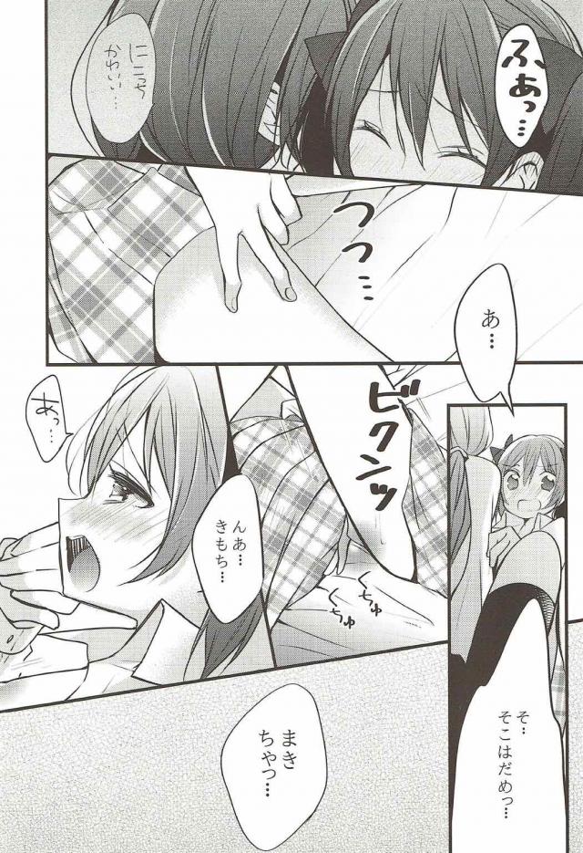 今日はみんな用事で誰もいない部室に入った真姫ちゃんが机に雑誌が置いてあり、女の子同士のエッチの特集記事があって思わず読んでしまう。妄想していたらいつのまにかにこちゃんが部室にいて見られていて、エッチなことに興味あるの？といたずらっぽく迫ってくるにこちゃんにしよっか？とキスをされ、小悪魔なにこちゃんにイカされる///