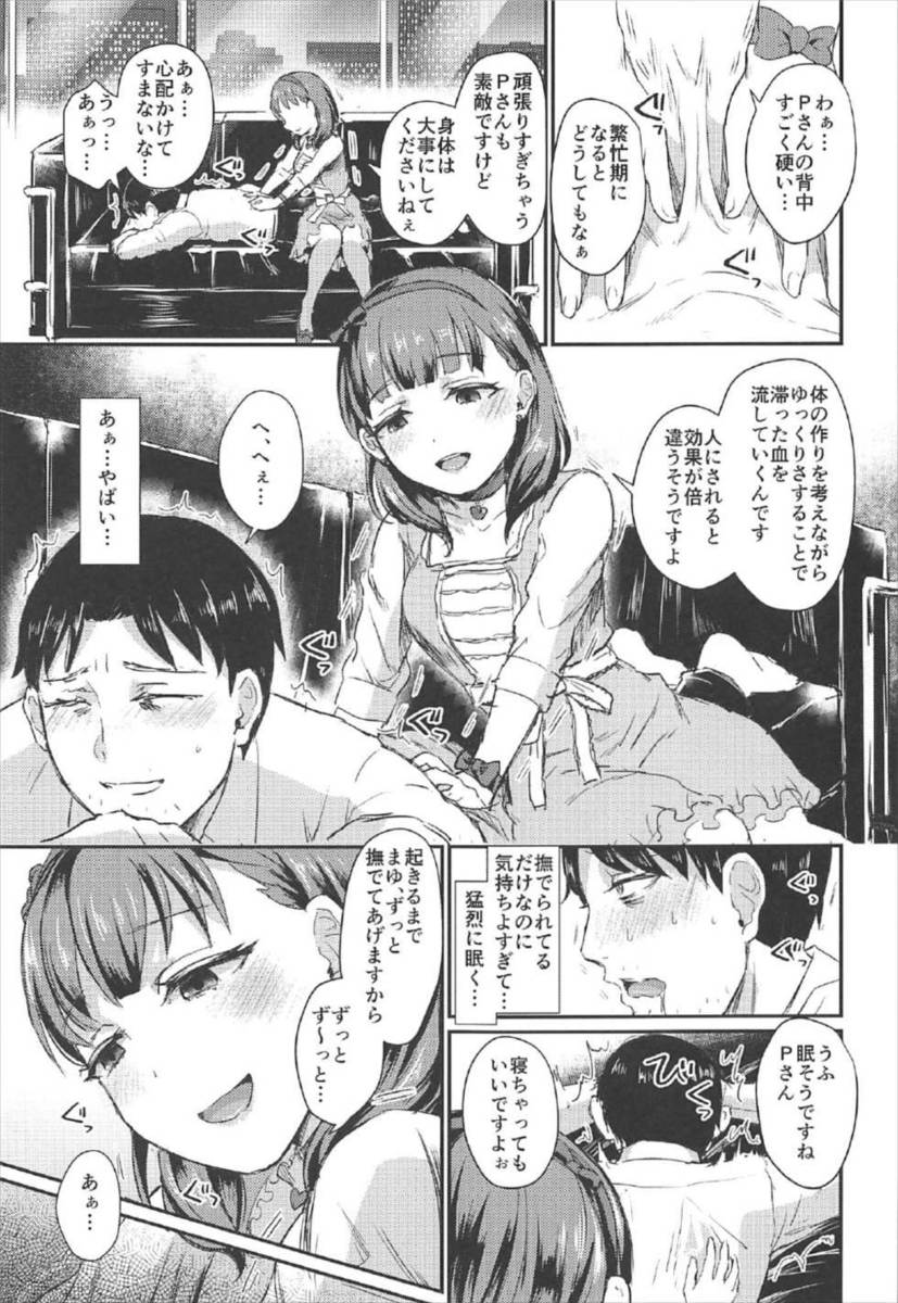 最近仕事が忙しく徹夜続きでかなり疲れていたプロデューサーが、突然あらわれたまゆにマッサージしましょうか？と肩を揉まれ気持ちよくて蕩けてしまう。そのままソファで寝てしまったプロデューサーが目を覚ますと半裸にされアロママッサージをされていて、まゆが全身を使ってマッサージしてきてギンギンに勃起してしまい手コキから足コキでイカ