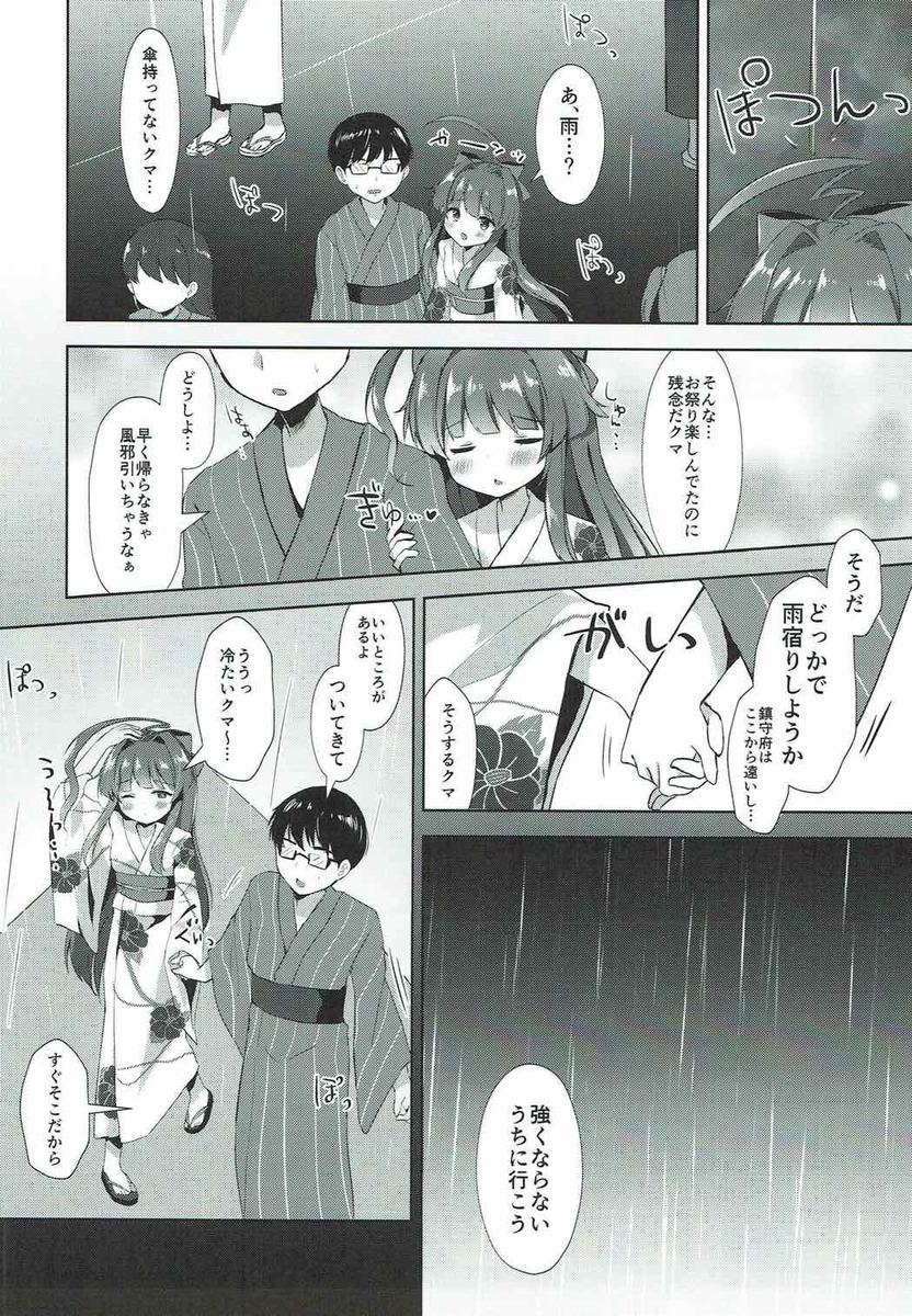 提督と夏祭りを浴衣デートしていたら雨が降ってきてしまい、ラブホで雨宿りする二人。雨宿りするために入ったんだけど球磨がその気なら仕方ないなと浴衣を脱がして激しくいちゃラブ中出しセックスするｗ