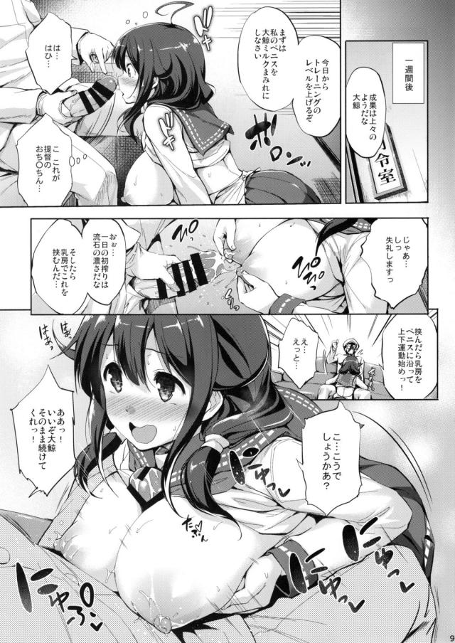 最近潜水艦の子たちの出撃が増えて、大鯨の母乳だけでは補給が賄えなくなってきて提督に出撃を減らしてもらうように訴えると、提督がいい解決法があると言って大鯨のおっぱいを揉み始める！トレーニングを続ければ母乳の生産性向上は間違いないと言われ、本当に母乳の出がよくなった大鯨が、どんどんエスカレートしていく提督についに孕ませセッ