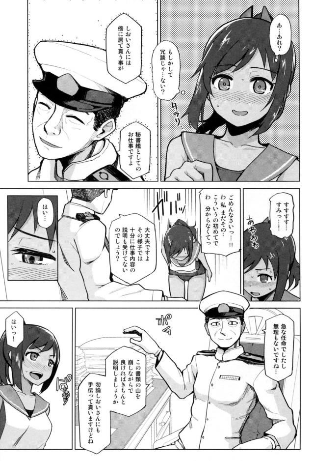 着任したばかりのしおいがいきなり秘書艦に選ばれてびっくりする。しかも本来はちゃんと引き継ぎをしてからの予定だったが、前任の秘書艦が倒れてしまいいきなり提督室に呼び出される！張り切っていたけどただ作業をしている提督の隣に座らされているだけでこれが秘書艦の仕事？と思っていたら、作業しながら提督がお尻を触ってきた！提督が昔か