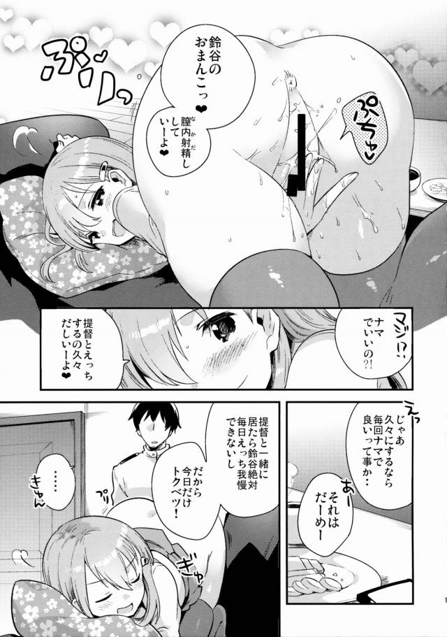 なんか今日は機嫌が良くよくしゃべる鈴谷に、昼間からセックスしたいと迫る提督ｗ付き合ってるのがバレたら恥ずかしいという鈴谷にショックを受けながらも、イチャイチャして結局中出しセックスする二人ｗ