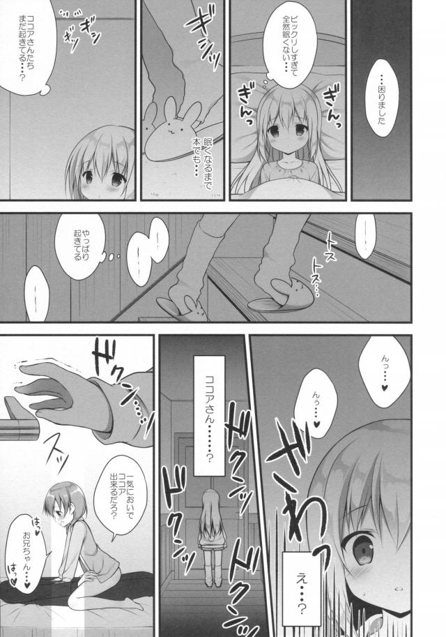 最近ココアに抱きつかれるとドキドキしてしまうチノちゃんが、だんだんココアのことが頭から離れなくなり、ココアがお兄さんと近親相姦してる姿を見てショックを受けながらも目が離せず、部屋に帰ってオナニーする！