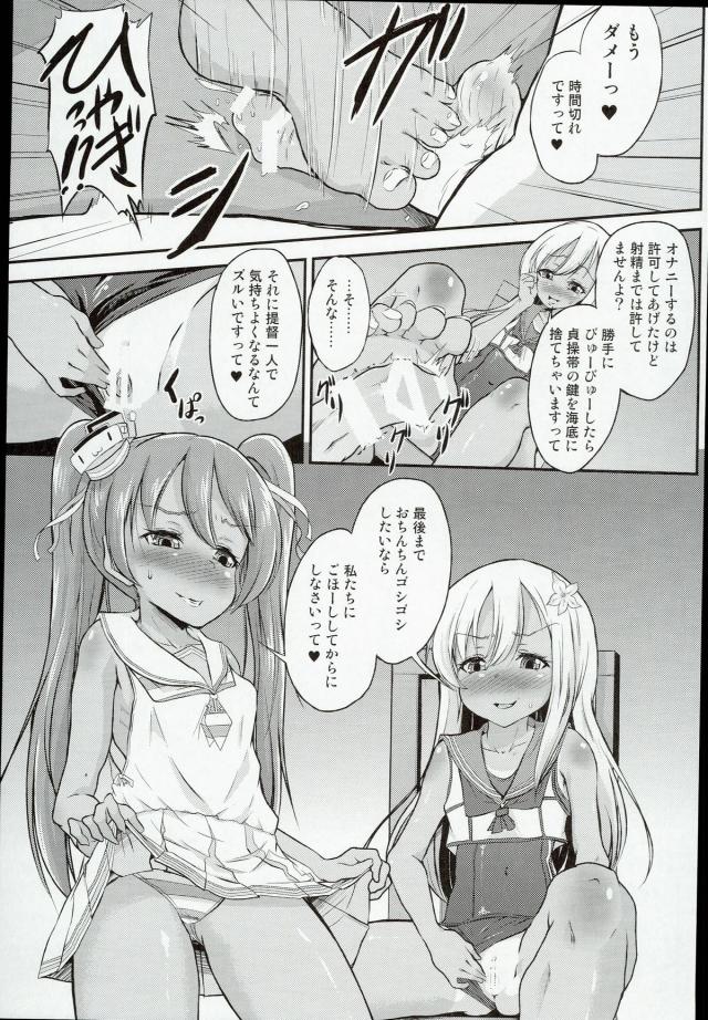 艦娘たちから完全に子供扱いされているショタ提督が、今夜もろーちゃんの部屋に呼び出される！前にろーちゃんのスク水を盗んでそれを着ながらオナニーしていたのがバレてから性奴隷にされているショタ提督が女物の下着を履かされた上に貞操帯をつけて射精管理までされていて、ろーちゃんとリベちゃんの2人に3P逆レイプされる！