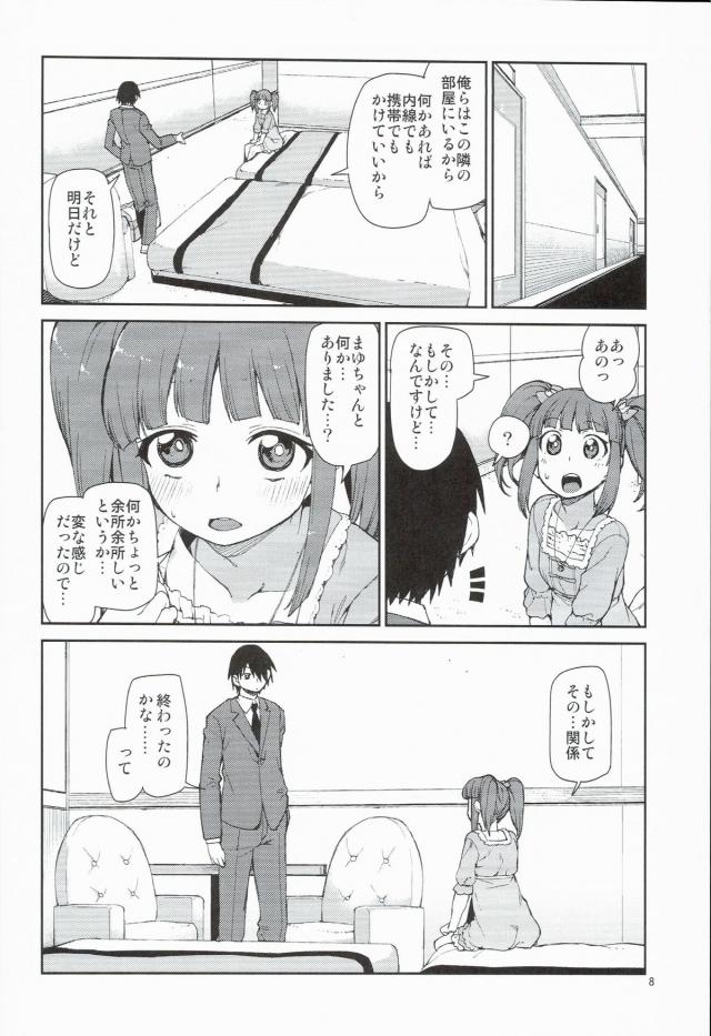 なんとなく違和感を感じてプロデューサーにまゆと別れたのか聞いてみたら全然そんなことはなかった。ホテルの部屋でプロデューサーと激しく中出しセックスをしてぐったりしているまゆの写真を撮った智絵里が…！