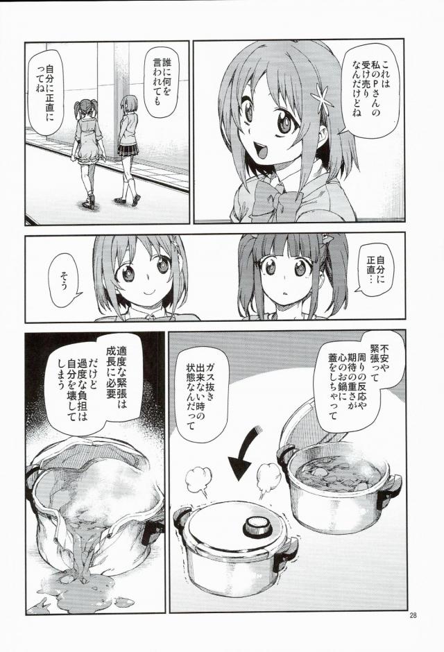 なんとなく違和感を感じてプロデューサーにまゆと別れたのか聞いてみたら全然そんなことはなかった。ホテルの部屋でプロデューサーと激しく中出しセックスをしてぐったりしているまゆの写真を撮った智絵里が…！